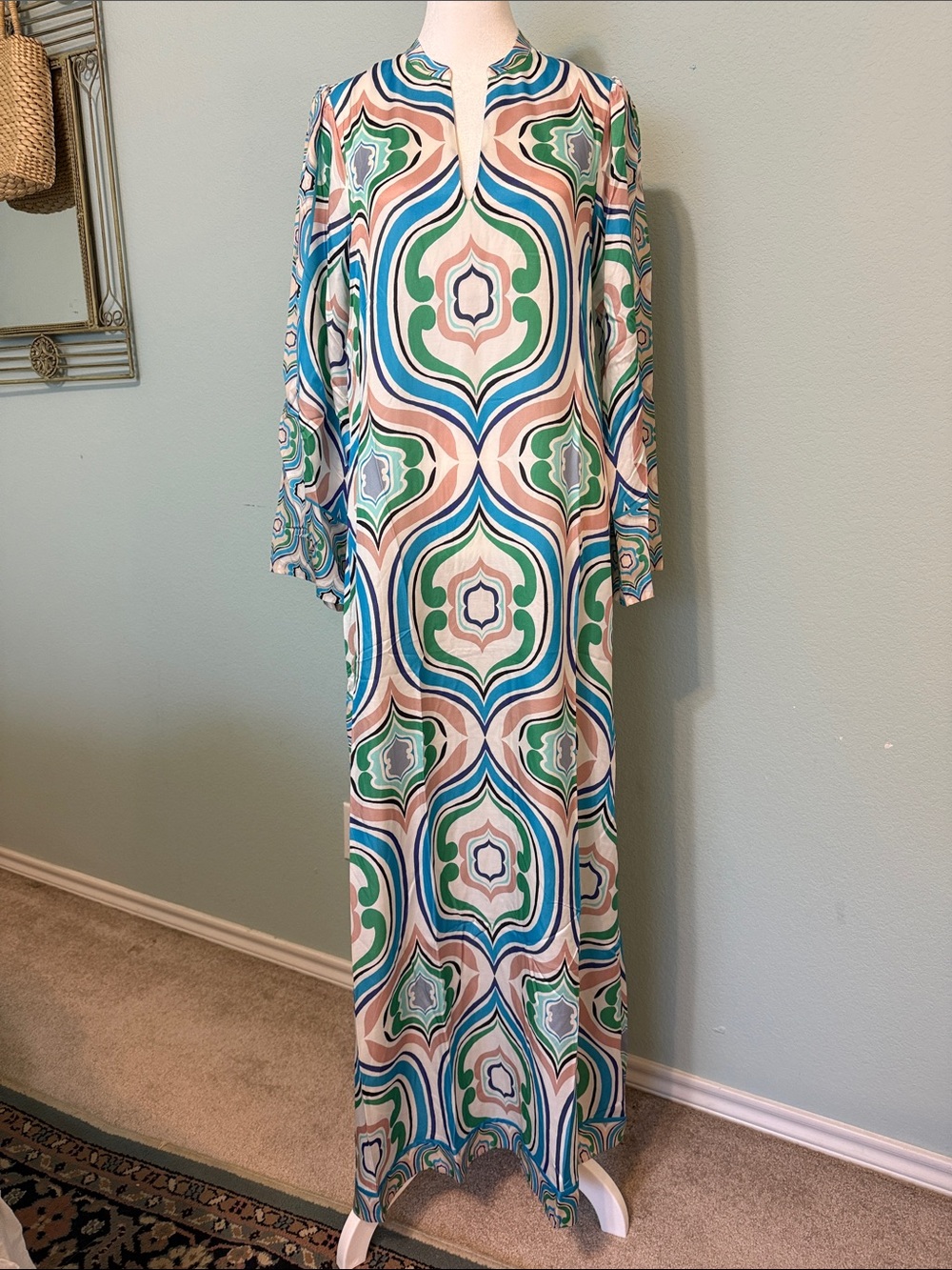 Hale Bob Long Geometric Kaftan Maxi Dress in Blue, Green & Cream